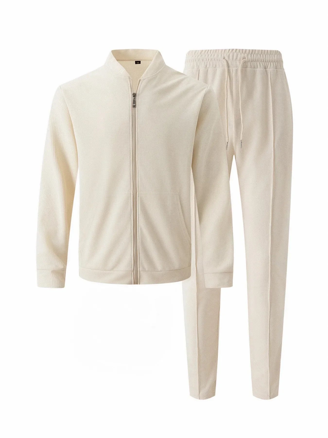 stand collar solid color + casual Waffle full pants suit