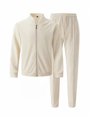 stand collar solid color + casual Waffle full pants suit