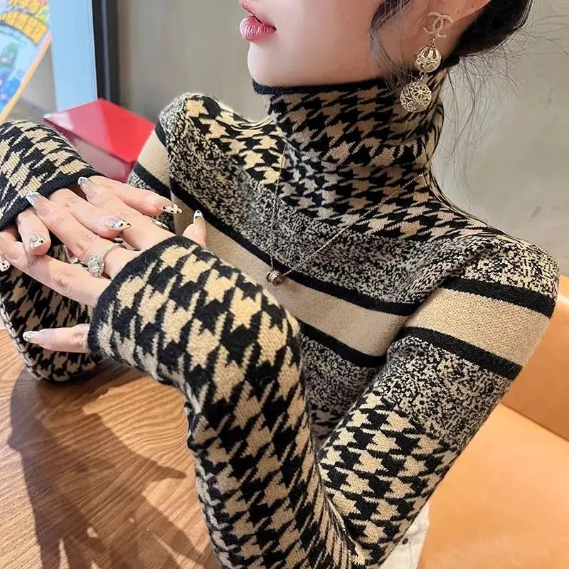 Fashion Houndstooth High Collar Basic Top - Palm and Thread