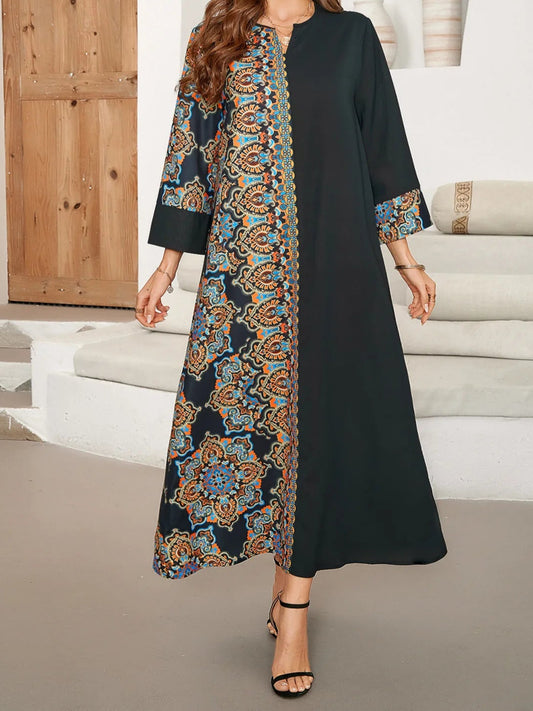 Black Long Print Dress Abaya - Palm and Thread