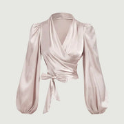 Elegant Plain Lace-Up V-Neck Skinny Fit Blouse - Palm and Thread