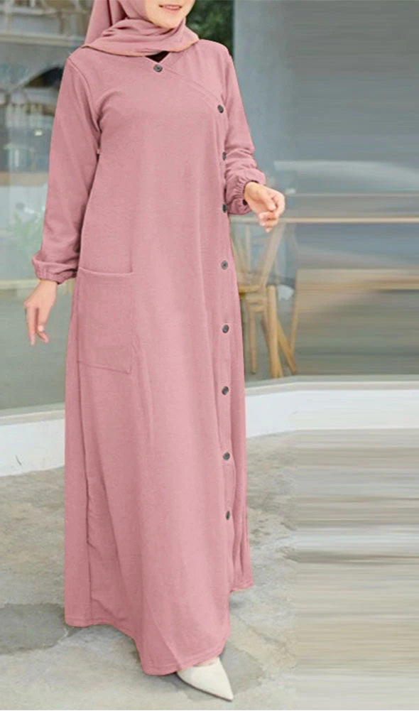 Loose Textured O Neck Buttons Abaya Dress - Palm and Thread