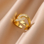 Zircon Cristal Geometric Stainless Steel Gold Color Adjustable Finger Ring - Palm and Thread