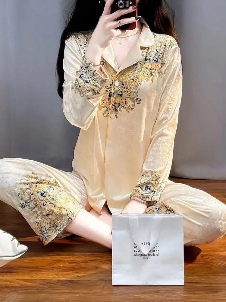 Floral Golden Velvet Pajama Long Sleeve Cardigan Pants Sleepwear Two-piece Set - Palm and Thread