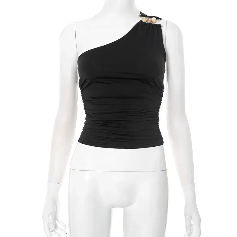 One-Shoulder Bead Link Ruched Tank Top - Palm and Thread