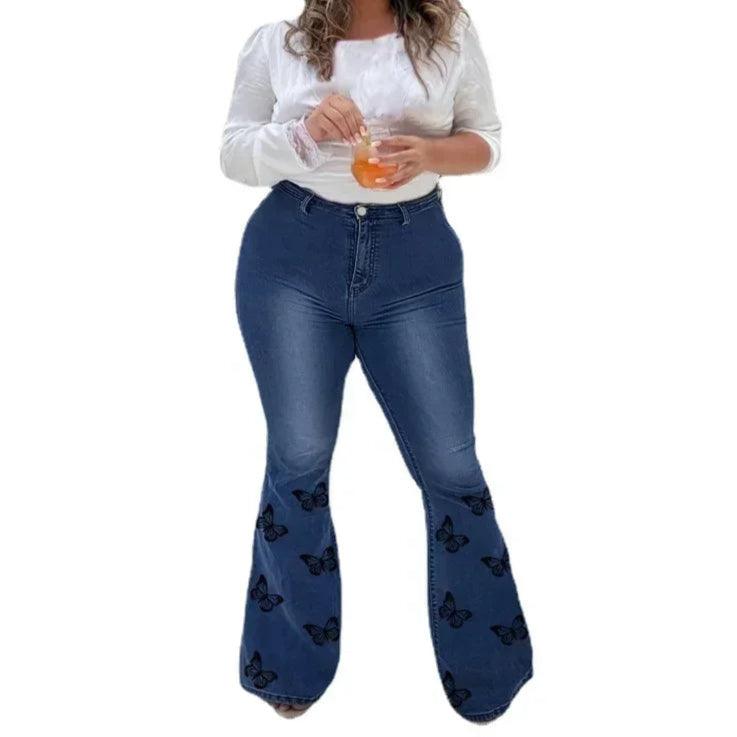 Plus Size Butterfly Print Jeans, Fly Flare Leg Casual Jeans Pant - Palm and Thread