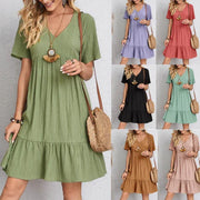 Loose V-neck Short Sleeved Pleated Dress - Palm and Thread