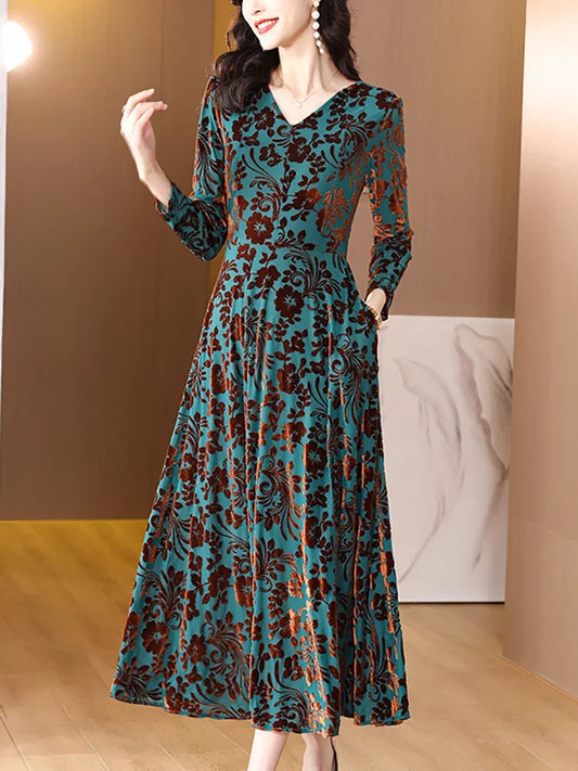 Green Print Long Sleeve V-Neck Midi Dress - Palm and Thread