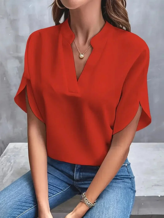 Elegant Blouse New V-neck Short Sleeve Solid Color Loose Shirt - Palm and Thread
