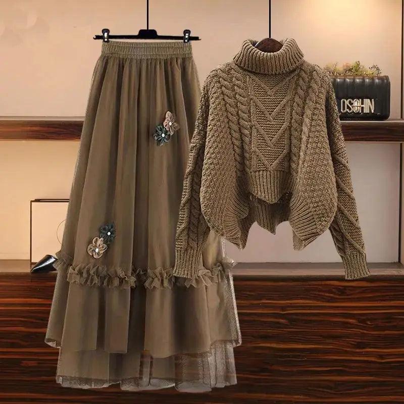 Knitted Sweater Mesh Half Skirt Matching Set - Palm and Thread