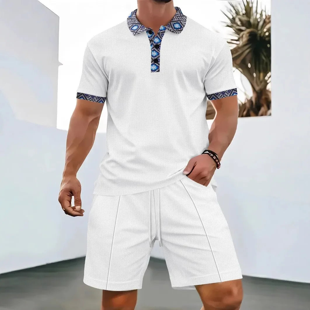 Waffle zip-up lapel short-sleeve suit shorts set - Palm and Thread