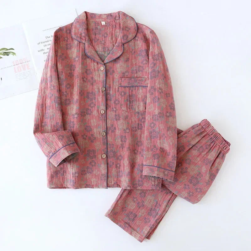 Long-sleeved trousers two-piece cotton crepe flower leaves Pajama set - Palm and Thread