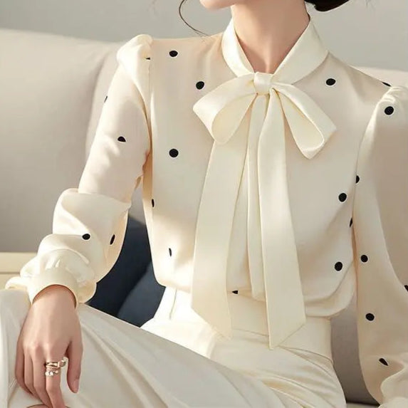 Stylish Polka Dots Print Lace-up Bow Blouse - Palm and Thread