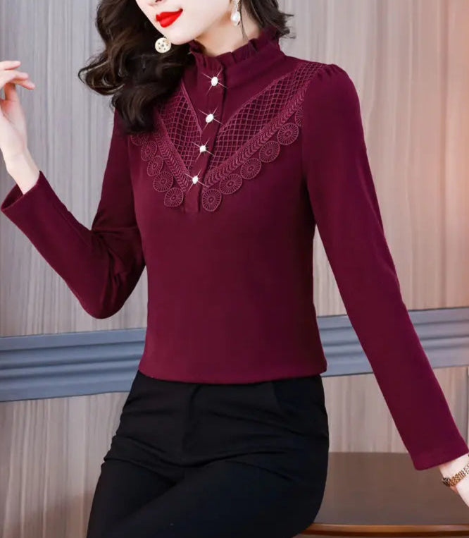 Elegant Ruffle Lace Slim Warm Long Sleeve Basic T-shirt - Palm and Thread