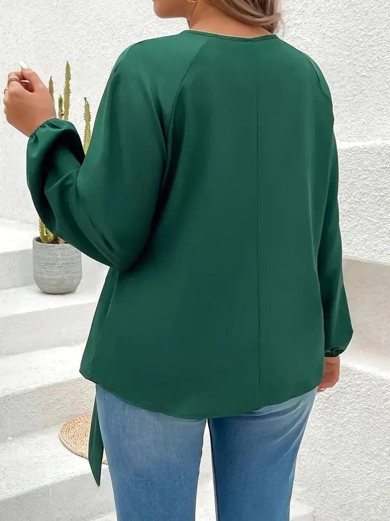 Solid Tie Front Keyhole O-Neck Blouse - Palm and Thread