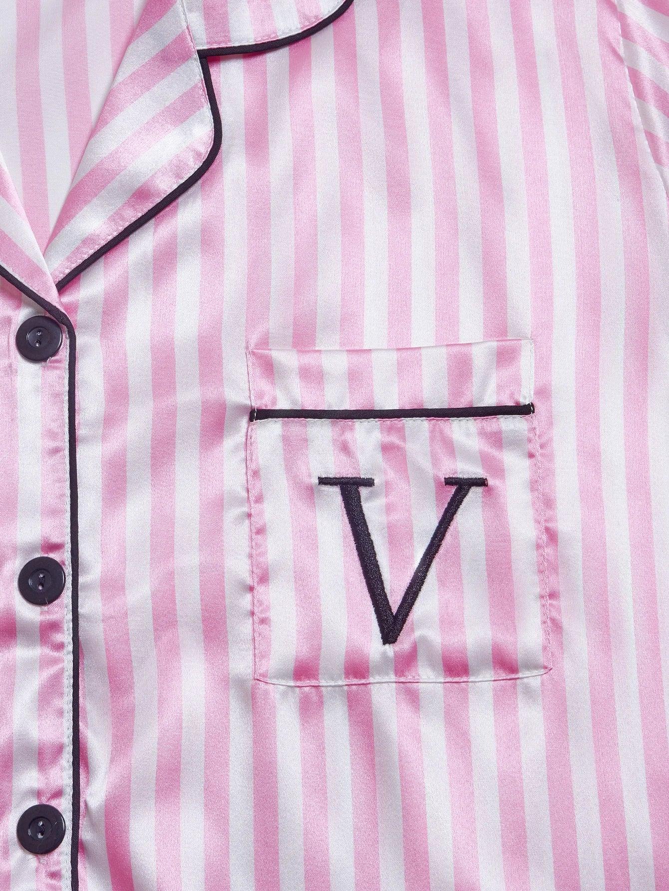 Striped Embroidered Letter Pocket Short Sleeve and Shorts Pajama Set - Palm and Thread