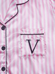 Striped Embroidered Letter Pocket Short Sleeve and Shorts Pajama Set - Palm and Thread
