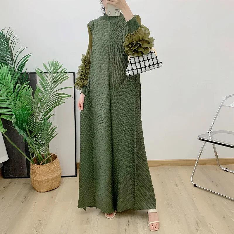 Pleated Maxi Mesh Petal Sleeve Half Turtleneck Dress Abaya - Palm and Thread