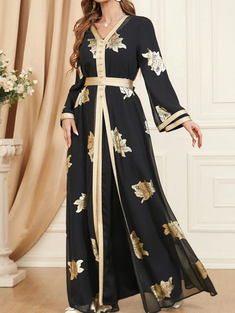 Gold Black Stamping Abaya Dress - Palm and Thread