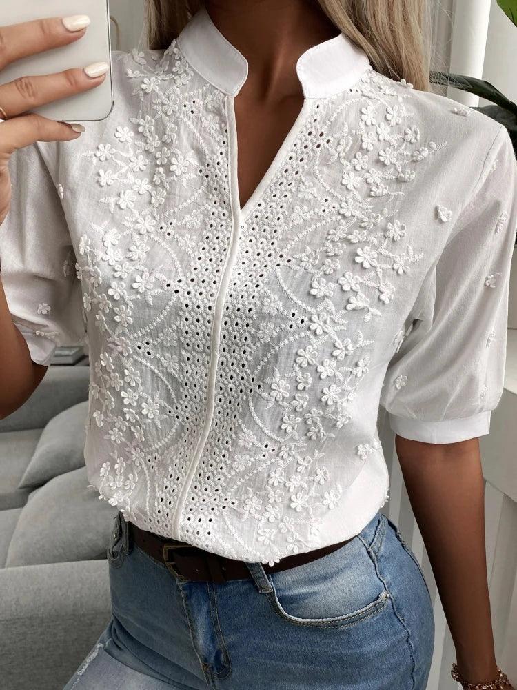 Embroidery V-neck Lantern Sleeve Blouse - Palm and Thread