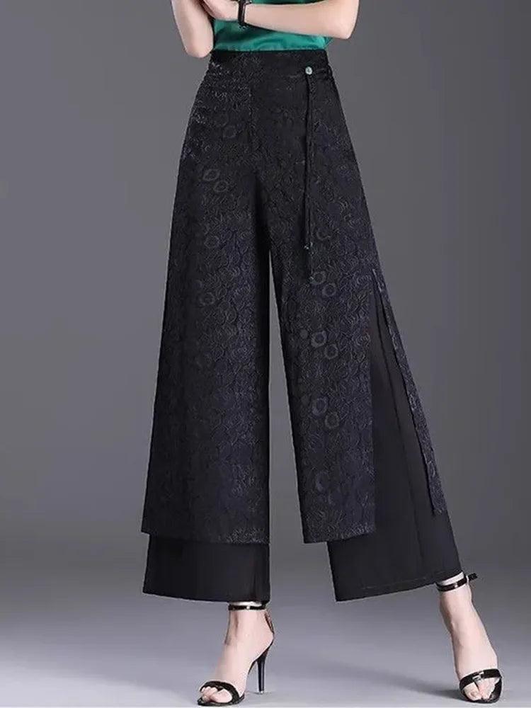 Split Jacquard Weave Wide Leg High Waist Baggy Straight Pant - Palm and Thread