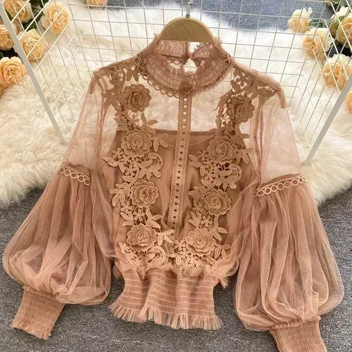 Lace Puff Long Sleeve Vintage Fashion Blouse