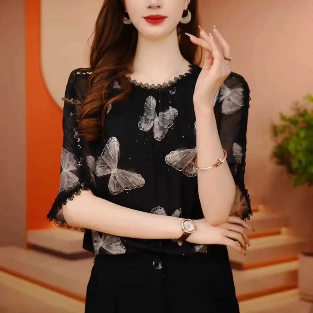 Round Neck Fashionable Chiffon Shirt Blouse - Palm and Thread