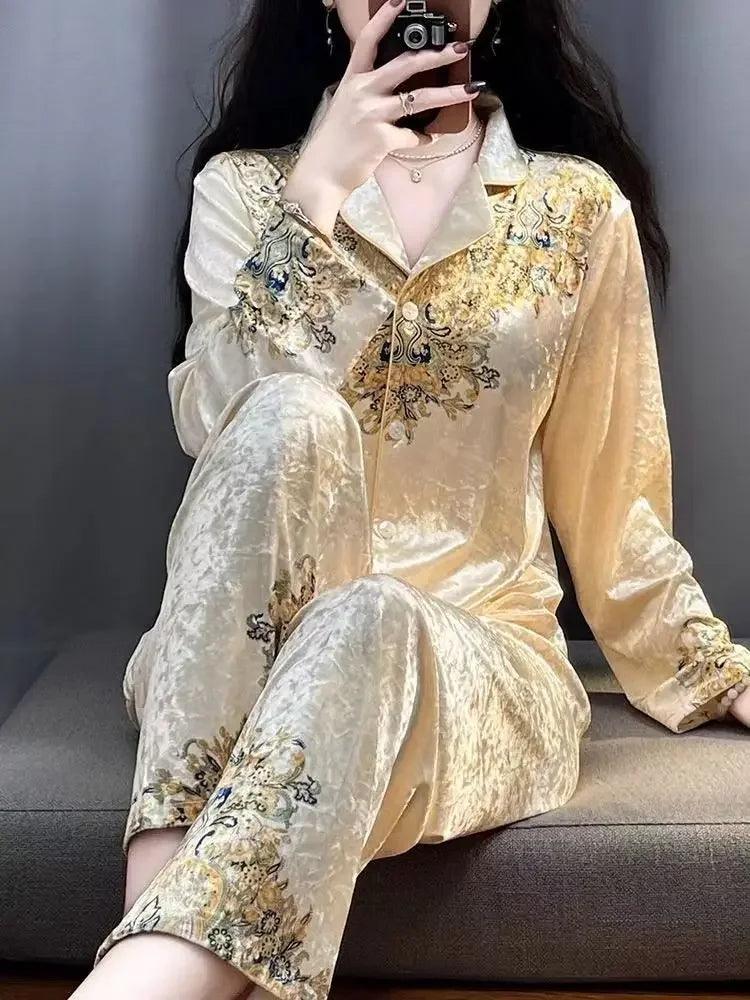 Floral Golden Velvet Pajama Long Sleeve Cardigan Pants Sleepwear Two-piece Set - Palm and Thread