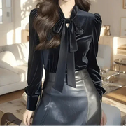 Long Sleeved Velvet Bow Blouse - Palm and Thread