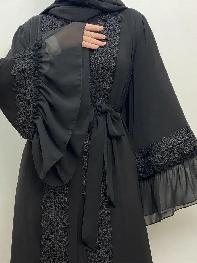 Black Abaya Embroidery Flare Sleeve with Belt - Palm and Thread