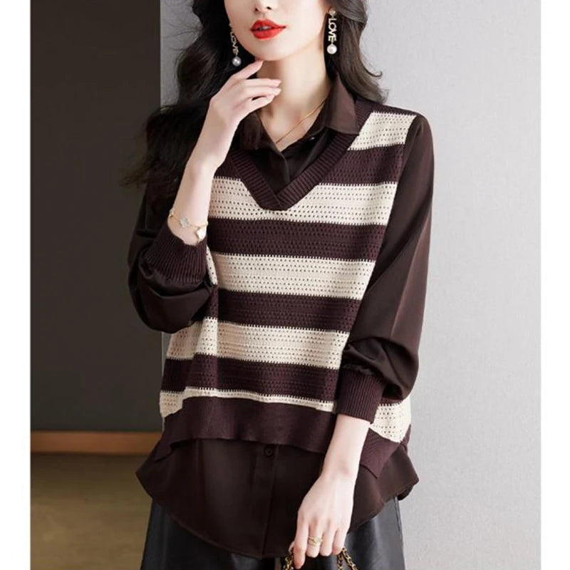 Striped Knitted Fake Two-piece Blouse - Palm and Thread