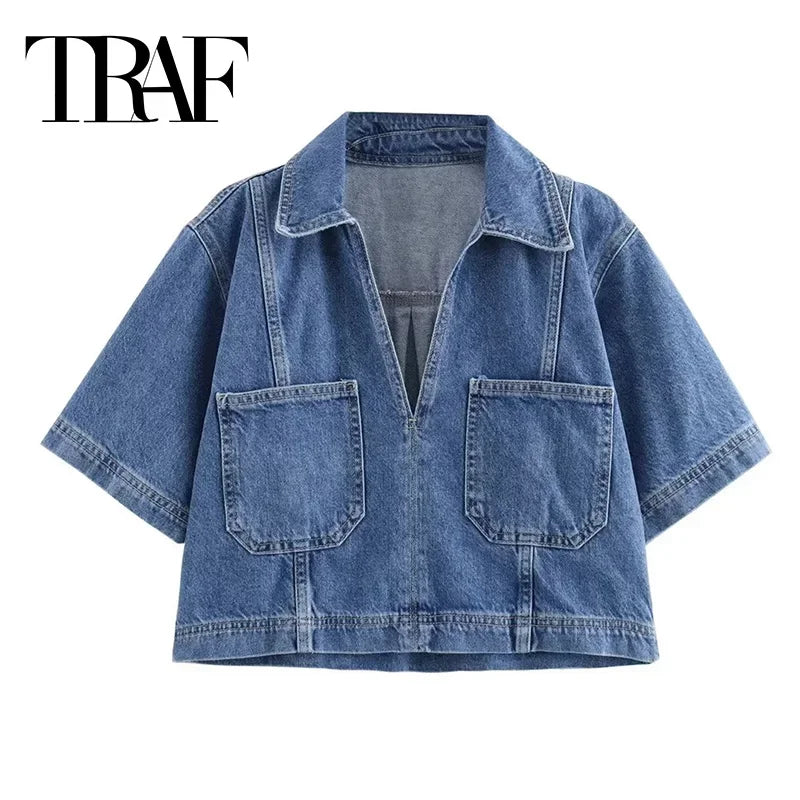 Denim Cropped Shirt and Skirt - Palm and Thread