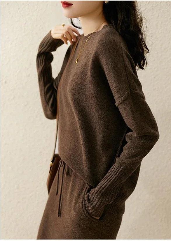 Solid Knitted Loose Pullover Sweater Skirt Matching Set - Palm and Thread