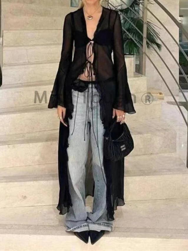 Black See Through Long Cardigan Blouse - Palm and Thread