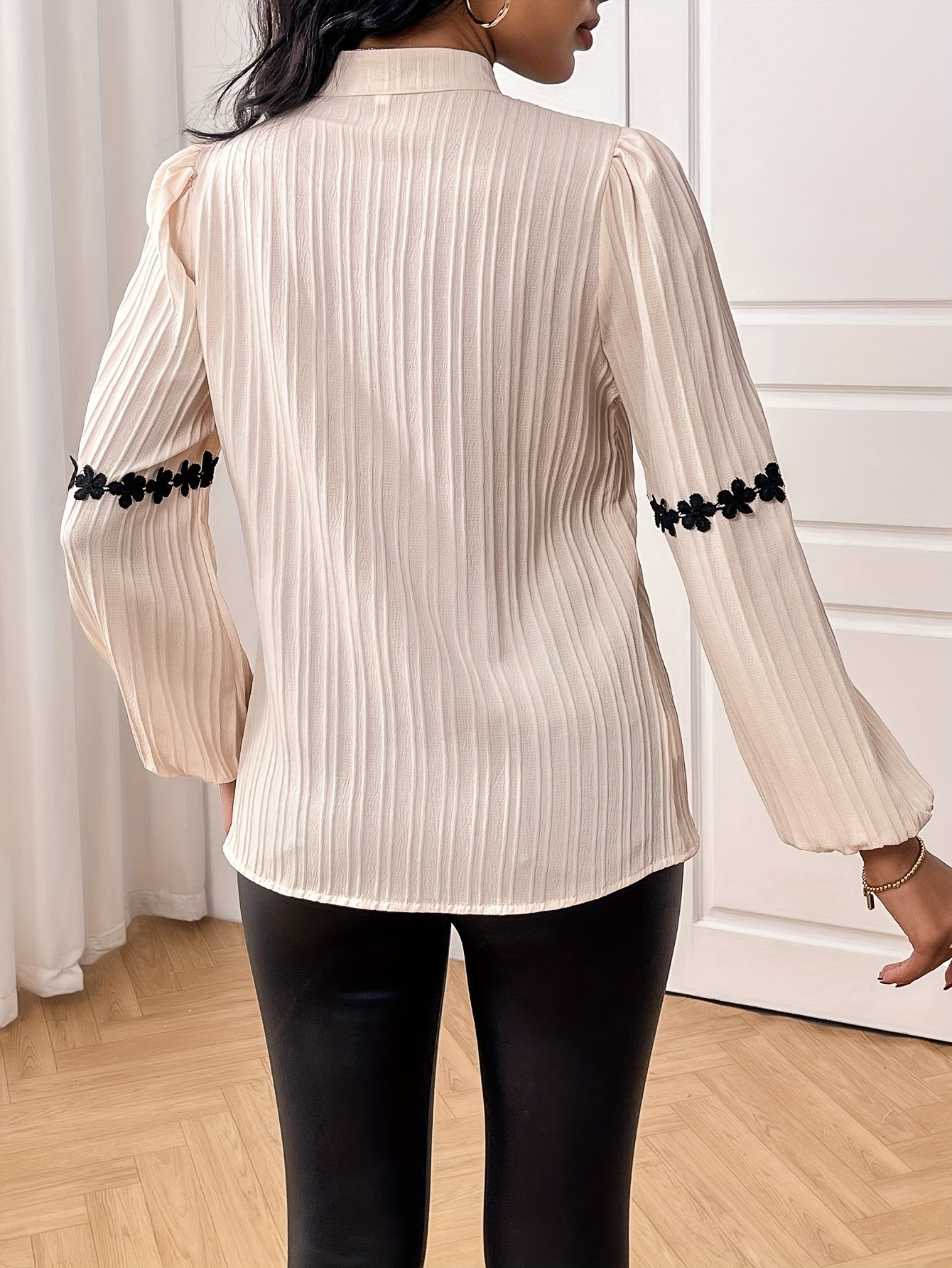 Lace-Trimmed Lantern Sleeve Blouse - Palm and Thread